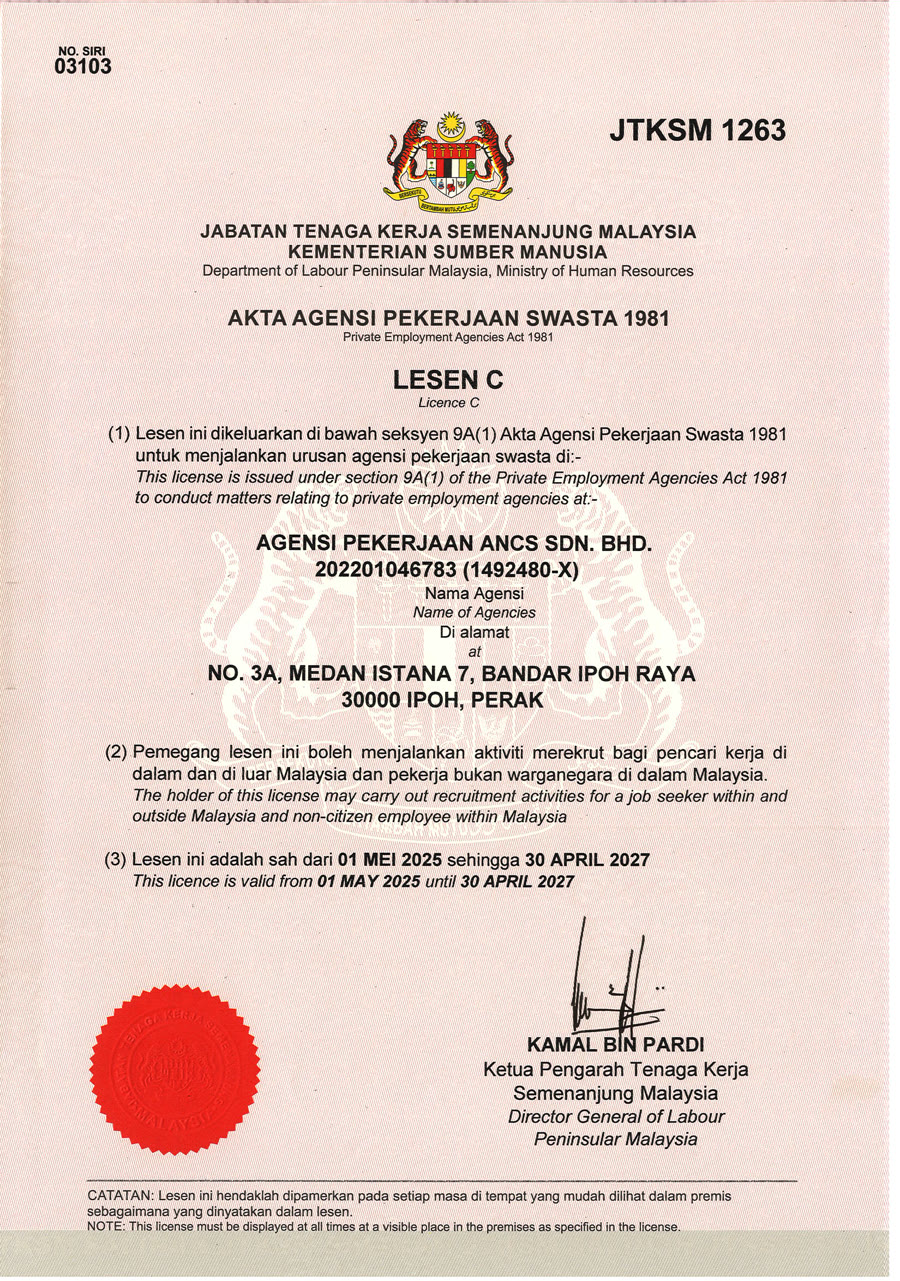 JTKSM Licence C for Agensi Pekerjaan ANCS Sdn Bhd