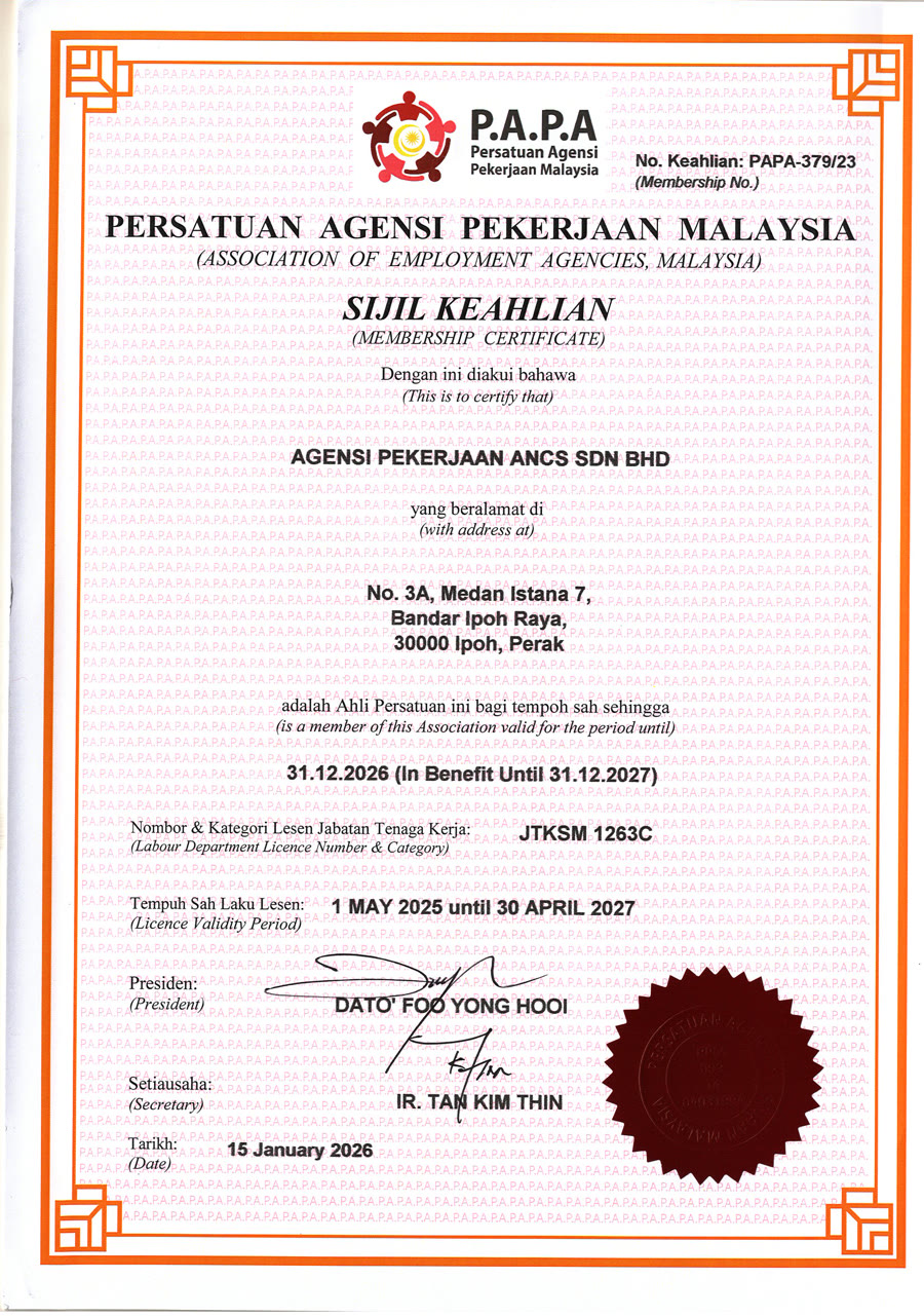 PAPA membership certificate for Agensi Pekerjaan ANCS Sdn Bhd